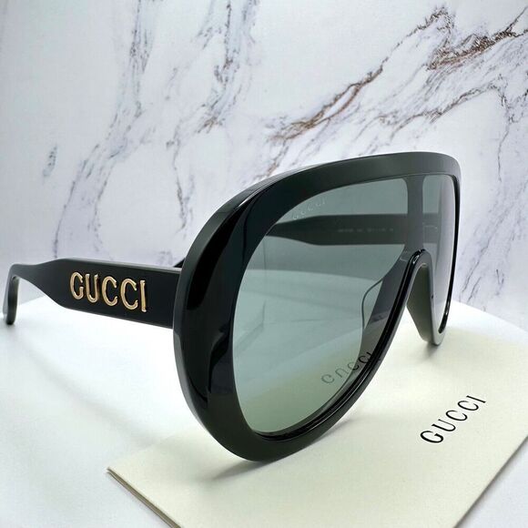 Gucci Black Sunglasses Oversized Aviator Mask Shield Gold Metal Logo Authentic - Picture 6 of 16